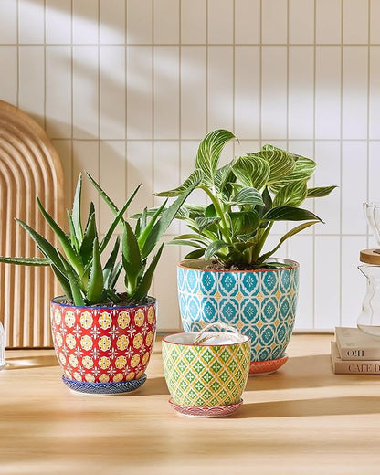 Ceramic Plant Pots, 3.8+4.9+5.8 Inch, Set of 3 Flower Pots with Drainage Hole & Saucer, Trio Planter Pots Set for House Plants, Home Decor, Vibrant Colors