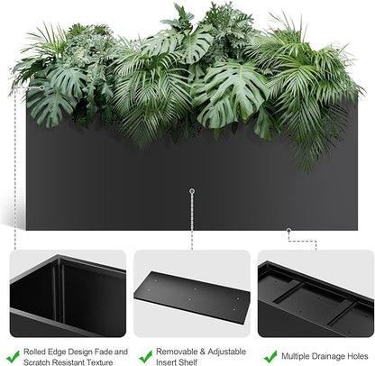 Metal Large Planter Box 15" W x 38" L x 16.25" H, Heavy Duty Tall Rectangle Outdoor Planter Box with Removable Insert Shelves for Porch, Garden, Patio, Yard (Black)
