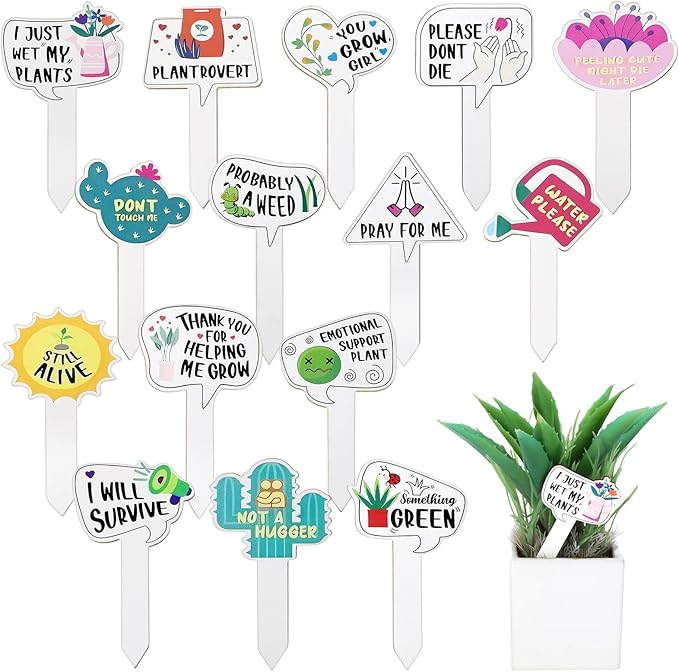 15Pcs Funny Wooden Plant Markers, Garden Plant Labels Tab Cute Patterns Plant Signs for Succulent Flowers Greenery Seedling Plants Waterproof Plant Tags for Outdoor Indoor Patio Supplies