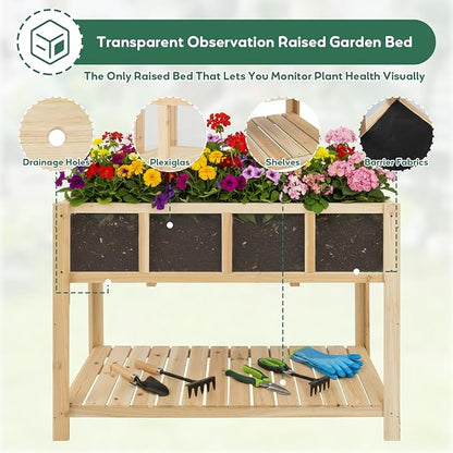 PetsCosset Raised Garden Bed with Legs, Elevated Planter Box Stand with Storage Shelf & Observation Panels for Backyard, Patio, Balcony, No Bending Design (Natural Wood)