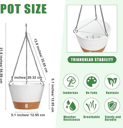Amyhill 6 Pcs 8 Inch Hanging Planter for Indoor Plants Self Watering Hanging Pot Baskets with Drainage Hole Visible Water Level Tray with Hooks for Garden Outdoor(White)