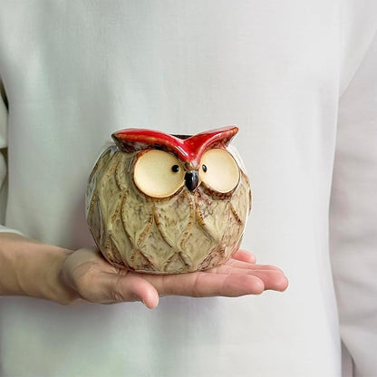 GeLive Owl Succulent Pot Ceramic Cactus Planter with Drainage Hole, Cute Small Plant Container for Desk Windowsill Tabletop Decor Pen Holder (No Plants)