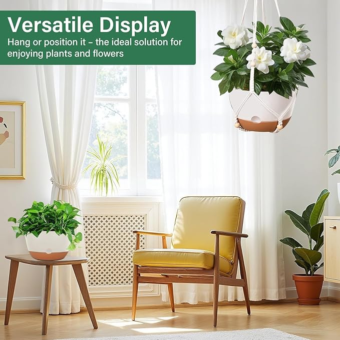 Hanging Planters for Indoor Plants, 2 Pack 8 Inch Self Watering Hanging Pots for Plants with Drainage Holes, Indoor Outdoor Hanging Flower Pots for Home Garden Ceiling Decor (White)