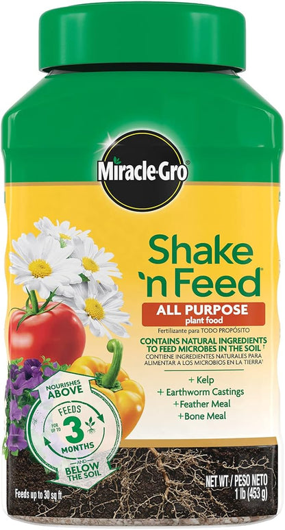 Miracle-Gro Shake 'N Feed All Purpose Plant Food - Outdoor and Indoor Plant Food for In-Ground and Containers, Feeds for up to 3 Months, 1 lb.