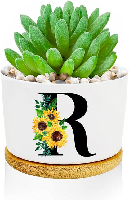 Sunflower Succulent Plant Pots 3 Inch Ceramic Cactus Flower Pots Personalized Initials R Sunflower Gifts for Women Mom Sister,Birthday Housewarming,Wedding,Window Garden Desk Decor