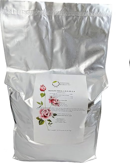 Greenway Biotech, Inc. Organic Alfalfa Meal Fertilizer 2.5-0-2.5 | Rose & Vegetable Plant Food with Triacontanol Growth Stimulant | Non-GMO, Phosphorus-Free | 2 X 15 Pounds