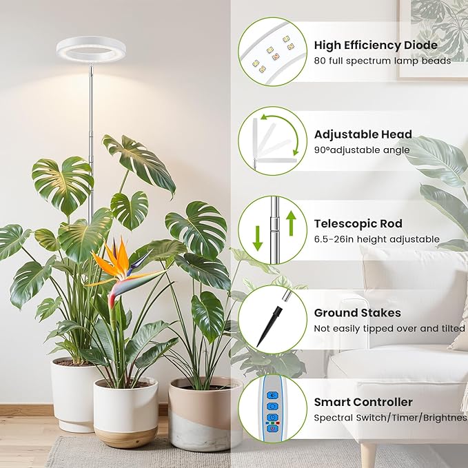 White Grow Light, Full Spectrum LED Plant Lighs for Indoor Growing with 6/12/16H Timer, 3 Color Modes, 5 Brightness, 10"-60" Height Adjustable Plant Lamp for Tall Indoor Plants (3 Pack)