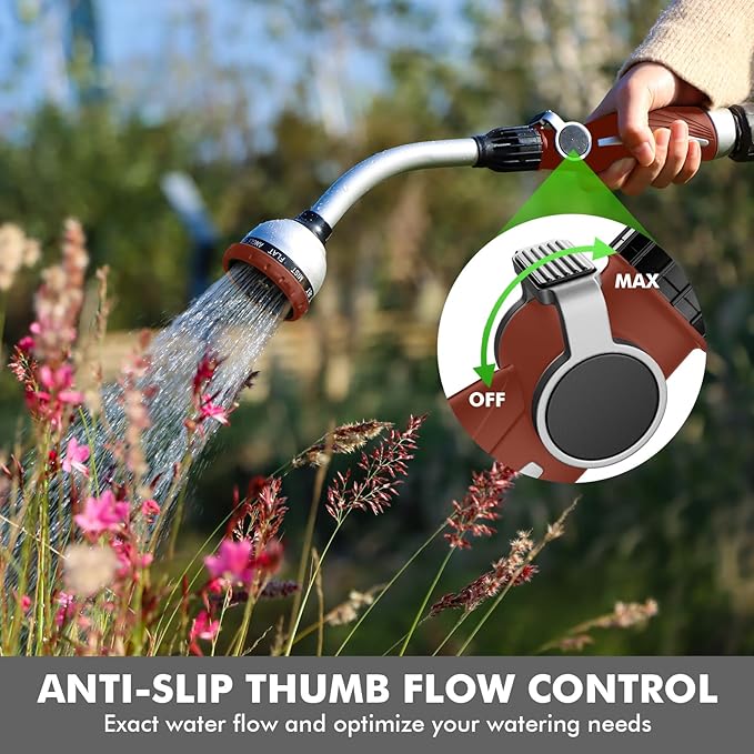 RESTMO Watering Wand Heavy Duty, Metal Garden Hose Wand with 10 Spray Patterns, 15-Inch Long Hose Nozzle Sprayer with Thumb Flow Control, Ideal to Water Hanging Baskets and Shrubs, Red