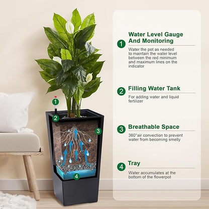 GAOMON 23" Tall Planters Set of 2, Outdoor＆Indoor Black Planter Pots, High Front Porch Planter Pots with Drainage Holes＆Water Level Monitor＆Inner Bucket, Automatic Watering, Convenience Instill