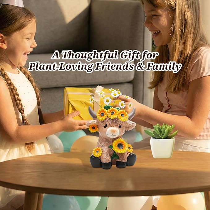 Cute Highland Cow Planter, 4.3 inch Resin Succulent Pot, Animal Planter with Drain, mini cows flower pots,Storage Containers for Outdoor Indoor Backyard Balcony Planters Home Garden Decor Gifts