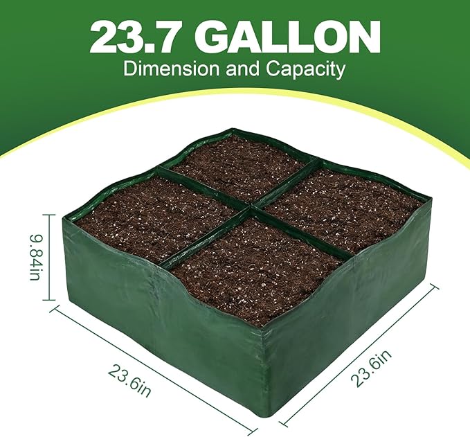 3 Pack Plastic Raised Garden Bed, 4 Grids Square Grow Bags PE Vegetable Planter Bags for Vegetables Durable Planter Box with Drainage Hole Rectangle Container Gardening for Herbs, Flowers