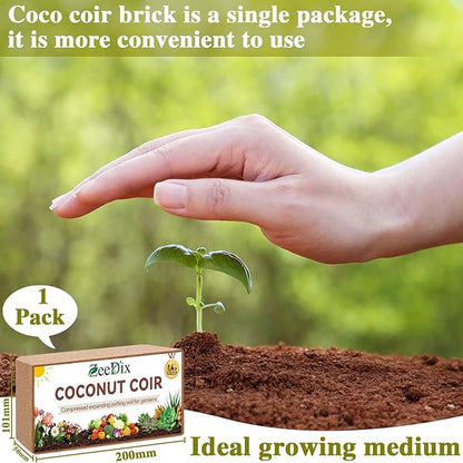 ZeeDix 1 Pack Coco Coir Brick, 100% Organic Compressed Coco Coir Brick Seed Starter Potting Soil for Plants, Premium Coconut Fiber Substrate with Low EC & pH Balance for Gardening Flower Herbs