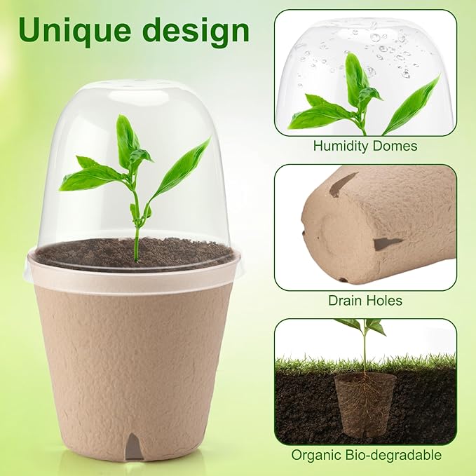 50 Set 3.15 Inch Peat Pots Plant Starters for Seedling with Humidity Dome,Herb Seed Starter Pots Kits, Garden Germination Nursery Pot wit 50 Plant Labels, 2 Transplant Tools.