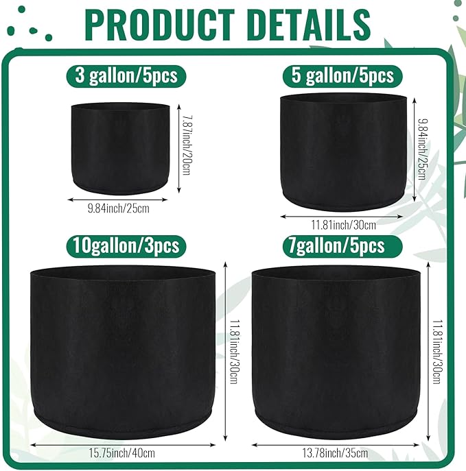 Abbylike 18 Pcs 3/5/7/10 Gallon Plant Grow Bags Heavy Duty Nonwoven Fabric Garden Plant Container Thickened Black Aeration Planter Pots for Outdoor Planting Flower Herb Potato Vegetable Fruits Plants