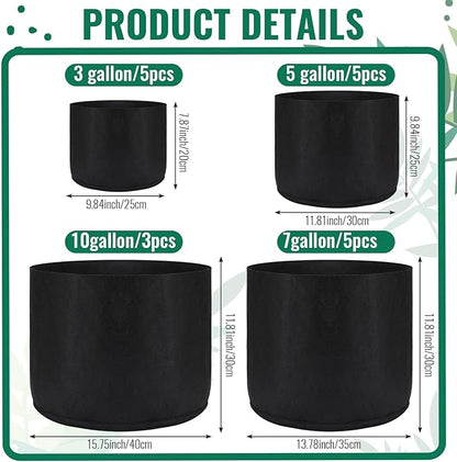 Abbylike 18 Pcs 3/5/7/10 Gallon Plant Grow Bags Heavy Duty Nonwoven Fabric Garden Plant Container Thickened Black Aeration Planter Pots for Outdoor Planting Flower Herb Potato Vegetable Fruits Plants