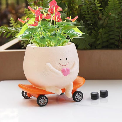 Funny Smily Face Planter Pot with Drainage Hole for Indoor and Outdoor Unique Resin Rolling Skate-Shaped Succulent Flower Pots Novelty Gift for Valentine's Day, Home Decors