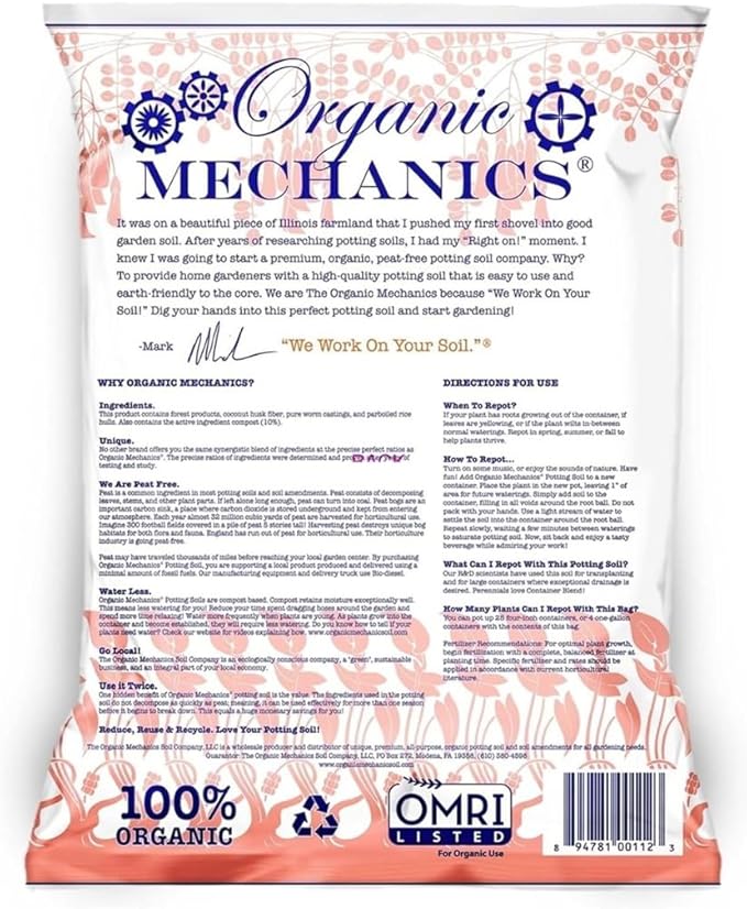 Organic Mechanics Container Blend Potting Soil, 16 qt - All-Purpose, Peat-Free, Well-Drained Blend with Compost, Rice Hulls, and Worm Castings for Growing Annuals, Perennials, Woody Plants