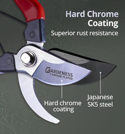 Gardeness Pruning Shears, Professional Bypass Heavy Duty Garden Pruner Secateurs – Lightweight Easy Grip Hand Pruners Branch Clippers for Gardening, Trimming, Harvesting. Made in Taiwan
