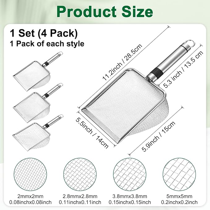4-Pack Gardening Soil Sifter, 2/2.8/3.8/5 mm Mesh Stainless Steel Sand Soil Compost Sieve with Stainless Steel Handle for Sand/Dirt/Rock Compost, Screen Potting Scoop [Silver Tone]