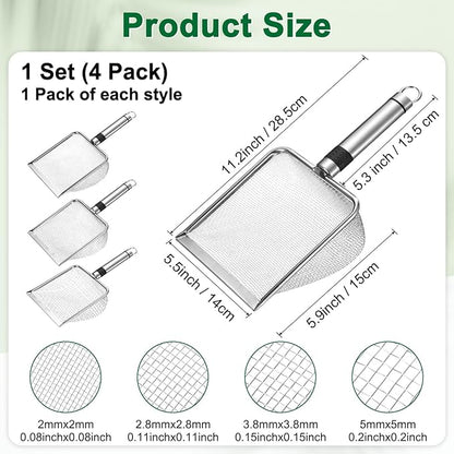 4-Pack Gardening Soil Sifter, 2/2.8/3.8/5 mm Mesh Stainless Steel Sand Soil Compost Sieve with Stainless Steel Handle for Sand/Dirt/Rock Compost, Screen Potting Scoop [Silver Tone]