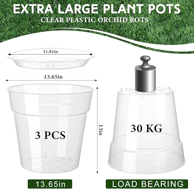 Baderke 3 Pack Clear Nursery Pot Plastic Nursery Pot Large Plant with Drainage Holes for Root Health Indoor Outdoor (13.65 Inch)