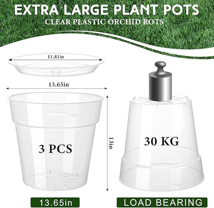 Baderke 3 Pack Clear Nursery Pot Plastic Nursery Pot Large Plant with Drainage Holes for Root Health Indoor Outdoor (13.65 Inch)