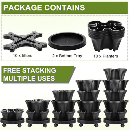 Umigy 2 Set 5 Tier Stackable Planters Vertical Garden Planters for Strawberry Herb Flower and Vegetable Indoor Outdoor Gardening Pots with Removable Wheels and Bottom(Black)