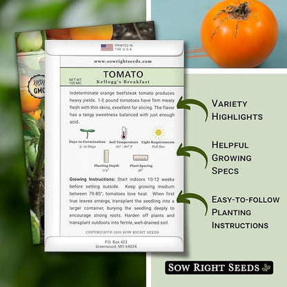Sow Right Seeds - Kellogg’s Breakfast Tomato Seeds for Planting - Non-GMO Heirloom Packet with Instructions to Plant a Home Vegetable Garden - Beefsteak Slicer with Orange-Yellow Skin - Mild Taste (1)