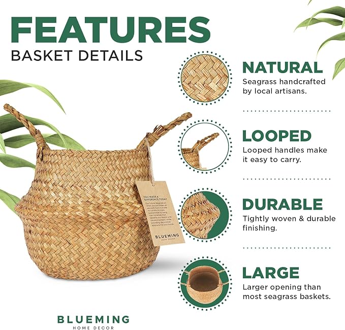 Basket Planter for Indoor Plants – 7 Inch Small Woven Wicker Pot for Olive Tree, Faux Plants, or Snake Plant, Handwoven Seagrass Basket with Handles (Original, Small)
