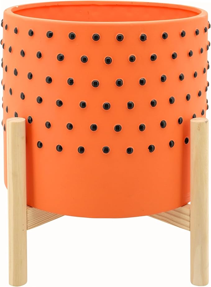 Dotted Decorative Planter Pot with Wood Stand – Vibrant Ceramic Stoneware Outdoor and Indoor Plant Pot – Modern Garden and Home Decor Planters – 10" x 11", Orange