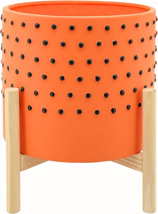 Dotted Decorative Planter Pot with Wood Stand – Vibrant Ceramic Stoneware Outdoor and Indoor Plant Pot – Modern Garden and Home Decor Planters – 10" x 11", Orange