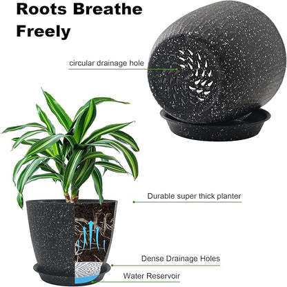 8/7/6 inch Plant Pots, 3 Pack Flower Pots for Outdoor Indoor Garden Plants, Large Planters with Multi Mesh Drainage Holes and Saucer (Speckled Black, 8"+7"+6")