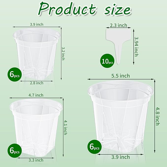 18 Pack Clear Nursery Pots for Plants, 3.9/4.7/5.5 Inch Reinforced Plastic Plant Pots with Drainage Holes High Transparency Plant Pot Seed Starter Pot High Transparency with 10 Plant Labels