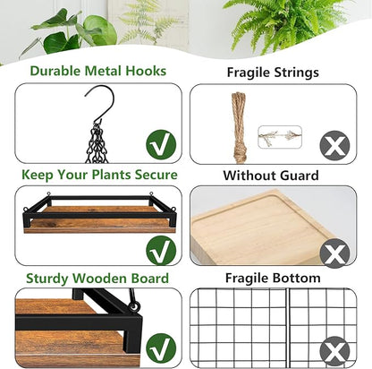 Plant Hanger Indoor, 16" Wooden Hanging Plant Holder with Metal Frame Large Hanging Planter for Indoor Plants Load 50LB Hanging Plant Shelf with 27.6" Long Chain, Ideal for Heavier Pots Window Ceiling