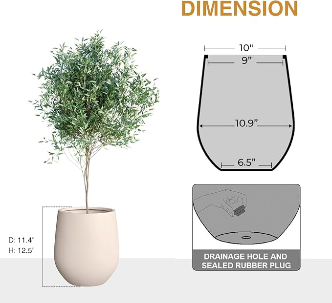 12.5" H x 11.4" D Corso Fiberstone Round Tapered Planter with Drainage Hole, Smooth Finishes, Weather Resistant, Included 2 Extra Coco Mats (Kilim Beige, 9" Pot Opening)