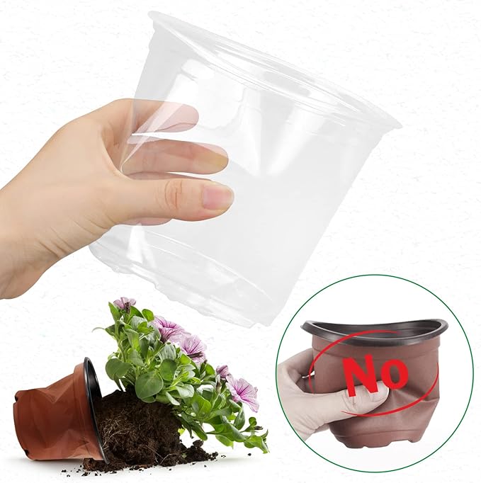 RAOOKIF 25 Pack 5 Inch Clear Nursery Pots with Drainage Holes, Flexible Plastic Nursery Pots for Plants, Durable Garden Flower Pot, Seed Starter Pots