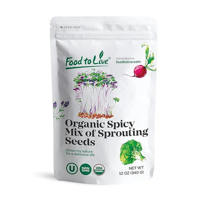 Food to Live Organic Spicy Mix of Sprouting Seeds, 12 Ounces — Non-GMO Broccoli, Radish, Alfalfa, Raw, Rich Germination Rate, Non-Irradiated, Pure, Kosher, Vegan Superfood, Bulk, Rich in Sulforaphane
