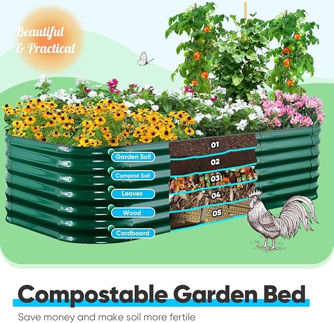 Quictent Galvanized Raised Garden Bed Kit, 8x4x2 ft Oval Metal Planter Box Tall for Vegetables Outdoor Backyard, Strengthened by Crossbar, Dark Green