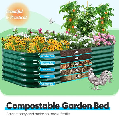 Quictent Galvanized Raised Garden Bed Kit, 8x4x2 ft Oval Metal Planter Box Tall for Vegetables Outdoor Backyard, Strengthened by Crossbar, Dark Green