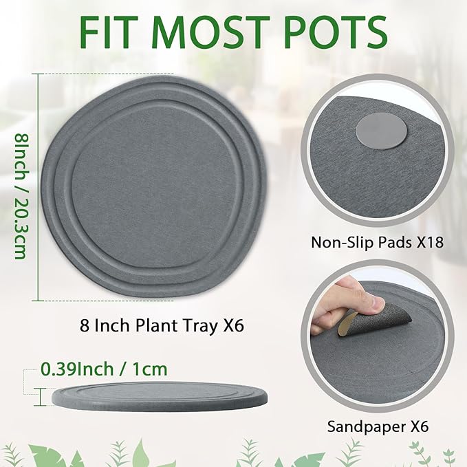 Plant Saucers for Indoors, 6 Pack 8" Quick Dry Diatomite Plant Drip Water Catcher Trays for Pots, Diatomaceous Earth Planter Drainage Saucers Plates to Catch Water for Flower and Plants, Stone Gray