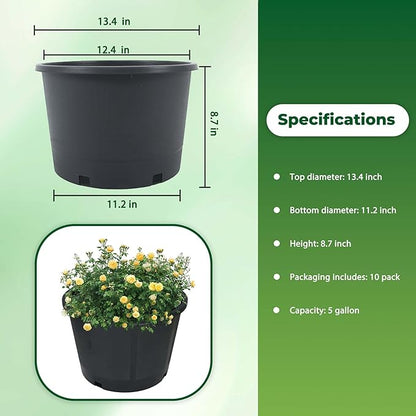 Plant Pots Flower Pot 10-Pack 5 Gallon Short Planter Nursery Pot Garden Seedling Planters Containers Plastic Injection Molded Pots with Drainage Holes for Outdoor Indoor Plants Vegetables, Black
