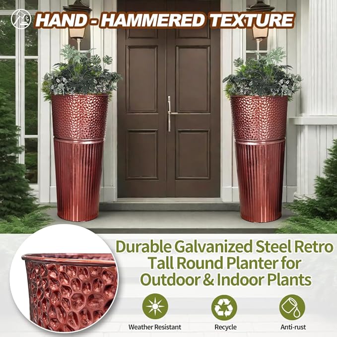 2 Pcs Pack Metal Tall Tapered Planter Pots Large Round Planter Flower Pot with Drainage Holes for Indoor Outdoor Deck Porch Garden Home Patio Front Door (Glossy Copper, Large)