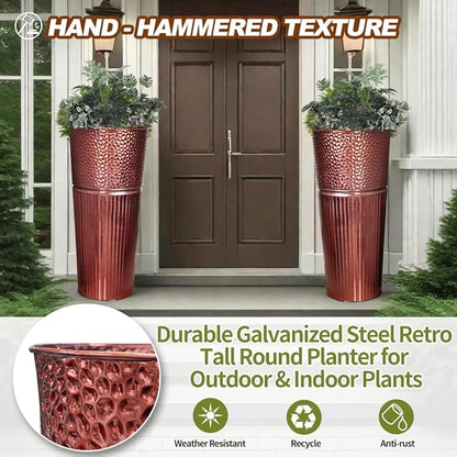 2 Pcs Pack Metal Tall Tapered Planter Pots Large Round Planter Flower Pot with Drainage Holes for Indoor Outdoor Deck Porch Garden Home Patio Front Door (Glossy Copper, Large)