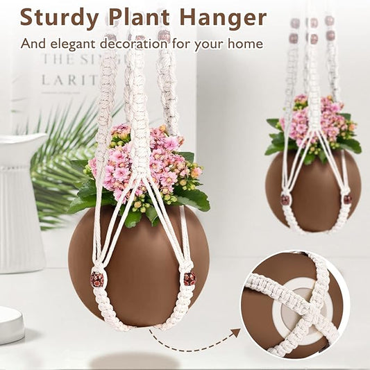 Macrame Plant Hanger with Colored Wood Beads and 4PCS Hooks, Elegant Hanging Plant Holder for Indoor Outdoor Plants, Sturdy Hanging Planters with No Tassel, 33 Inch, Ivory, Set of 2