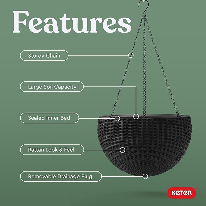 Keter Resin Rattan Set of 2 Round Hanging Planter Baskets for Indoor and Outdoor Plants-Perfect for Porches and Patio Decor, Graphite