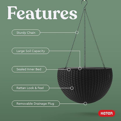 Keter Resin Rattan Set of 2 Round Hanging Planter Baskets for Indoor and Outdoor Plants-Perfect for Porches and Patio Decor, Graphite