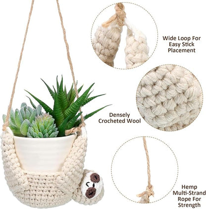 Patelai 2 Pieces Crochet Sloth Hanging Planter Handmade Sloth Plants Holder Plant Hanger for Indoor Outdoor Hanging Planter Supplies, Flower Pot and Plant Not Included