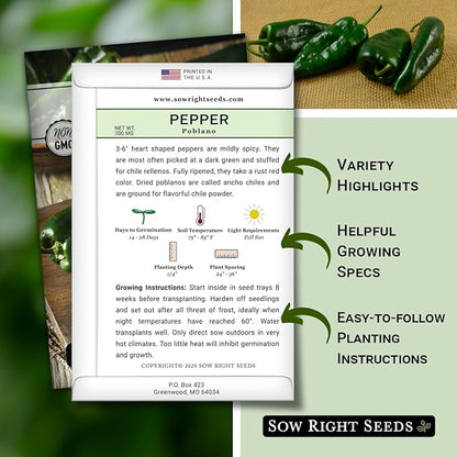 Sow Right Seeds - Poblano Pepper Seeds for Planting - Non-GMO Heirloom Packet with Instructions to Plant a Home Vegetable Garden - Hot Ancho Chile Variety to Grow, Spicy and Abundant (3)