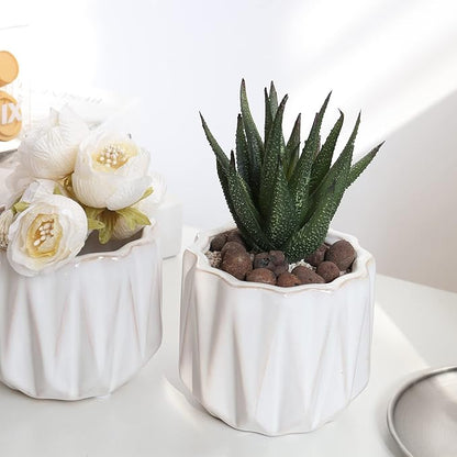 Plant Pot 4 Inch Ceramic Pots, Set of 2 Flower Pots Crackle Glaze Small Planters Pots with Drainage Hole and Mesh Pads for Indoor Outdoor Garden Pots Succulent, Cactus, Herbs (White)