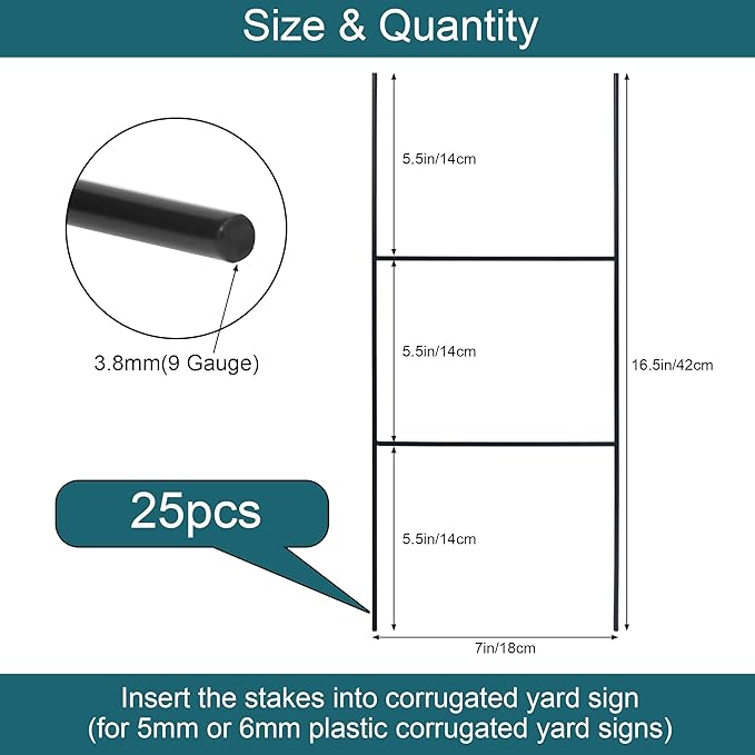 25 Pack H Frame Yard Stakes Metal, 16.5x7 Inch H Stakes for Signs, Holder, Lawn Wire for Ground, Corrugated Plastic, Blank Posts, Estate Garage Sale